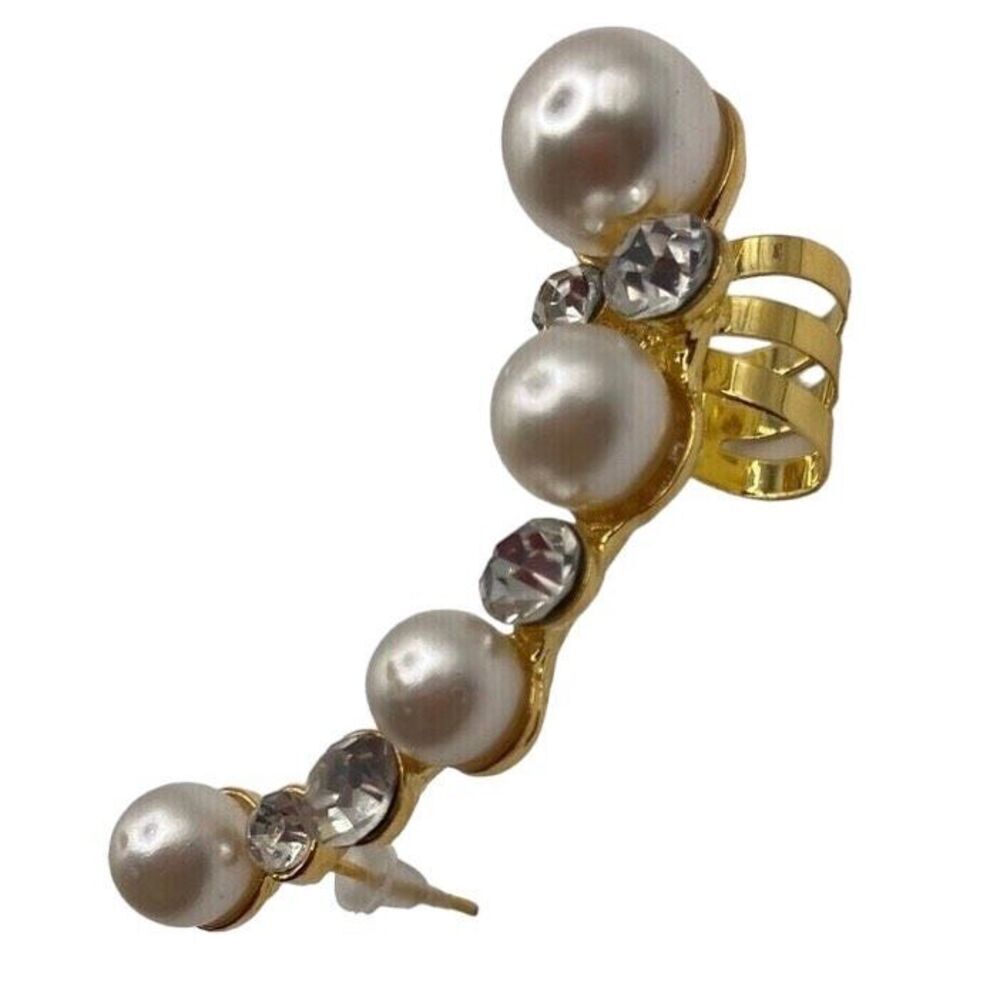 Gold Pearl and Rhinestone Left Ear Cuff Earring